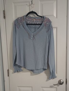 Free People Rainbow Trim Thermal Henley Top features colorful embroidery